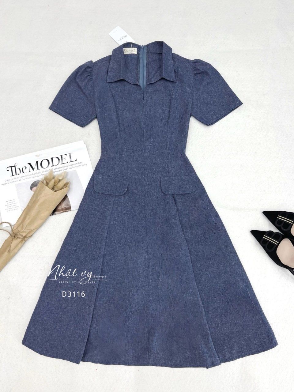  Đầm cổ sơ mi form dáng xoè đắp túi giả - D3116 