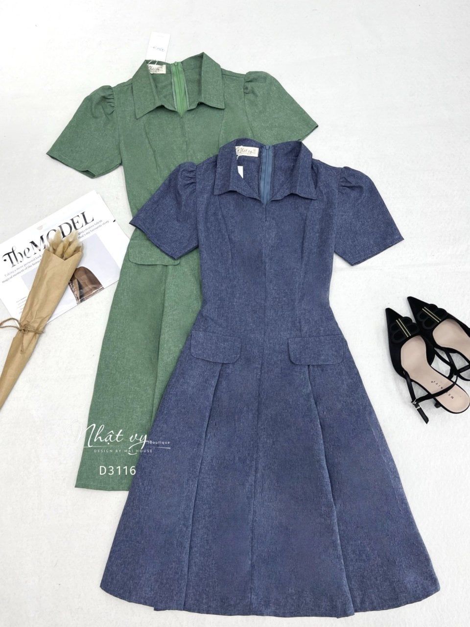  Đầm cổ sơ mi form dáng xoè đắp túi giả - D3116 