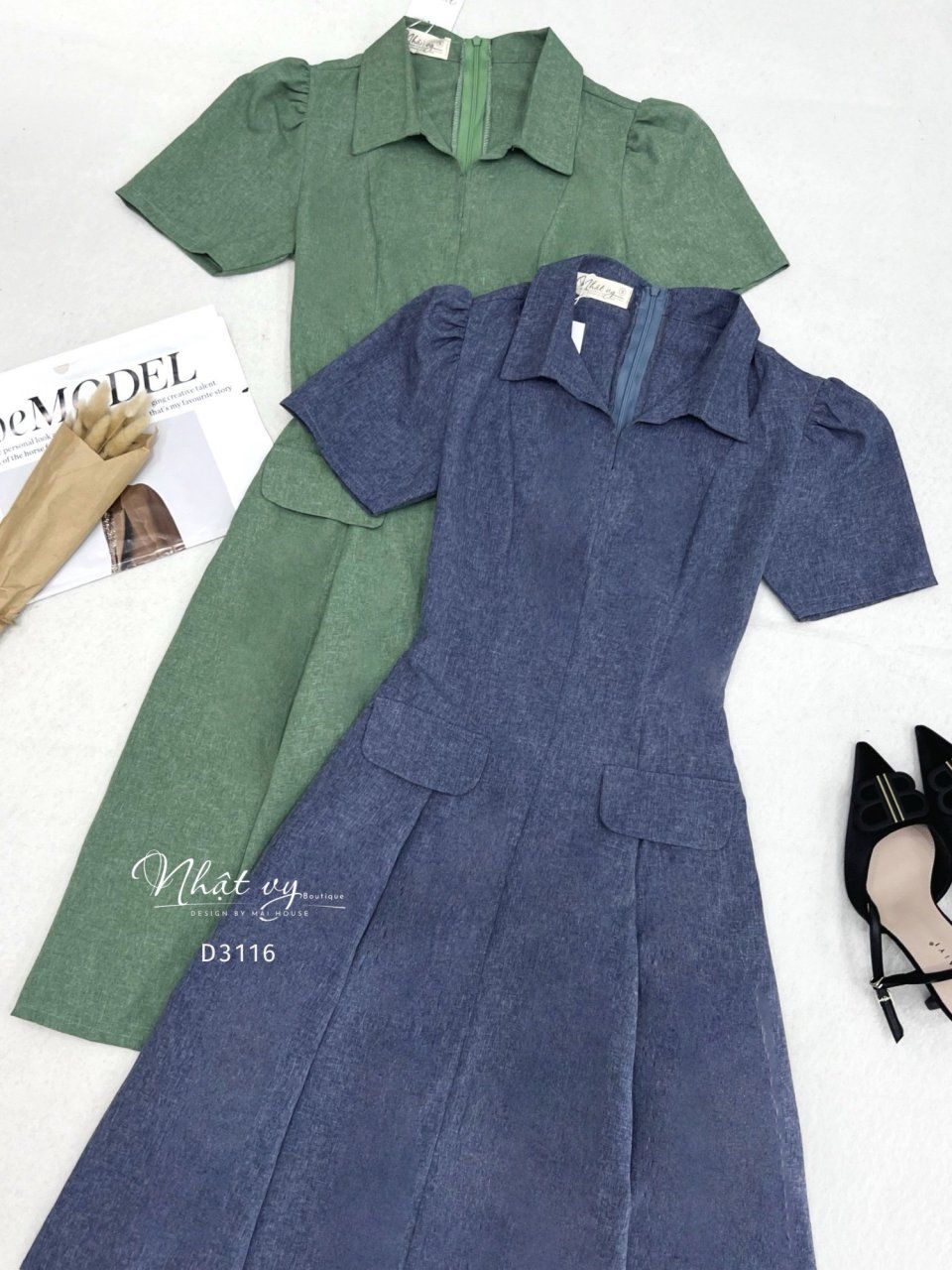  Đầm cổ sơ mi form dáng xoè đắp túi giả - D3116 