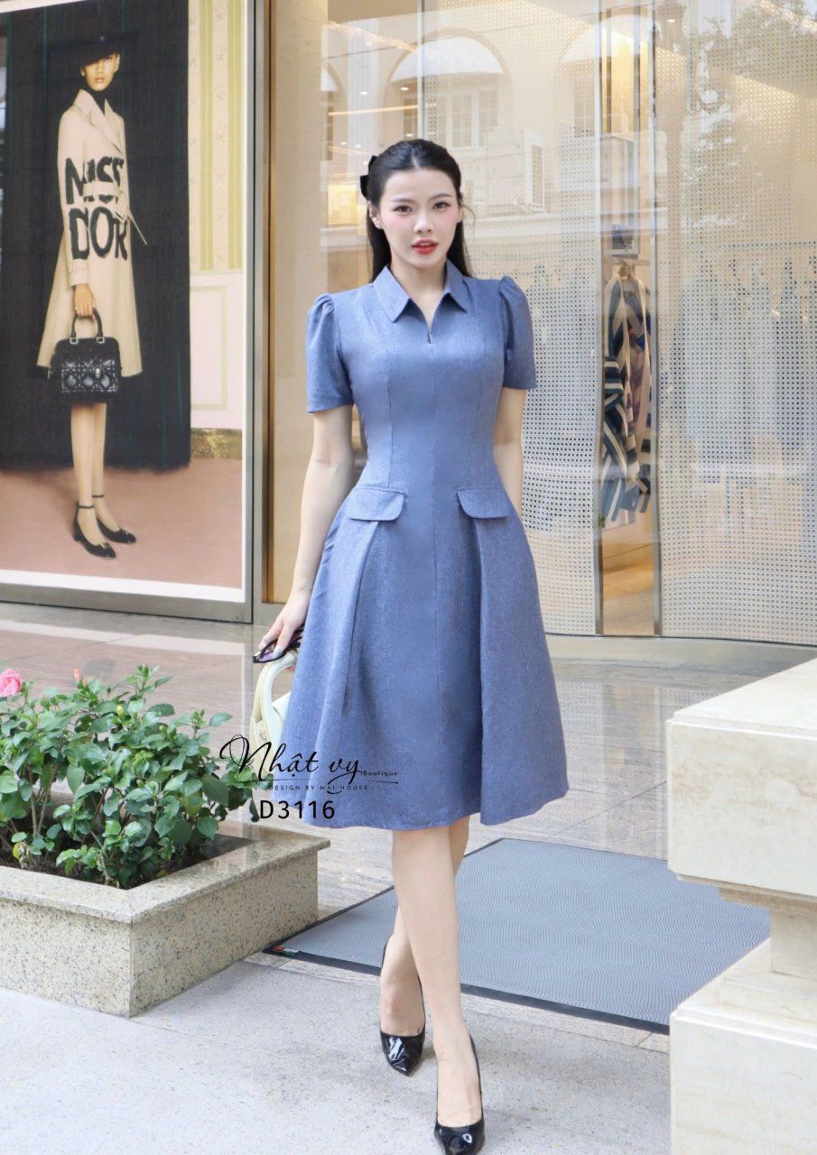  Đầm cổ sơ mi form dáng xoè đắp túi giả - D3116 