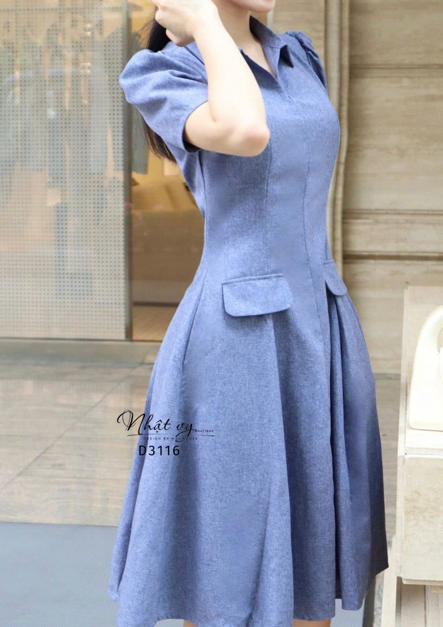  Đầm cổ sơ mi form dáng xoè đắp túi giả - D3116 