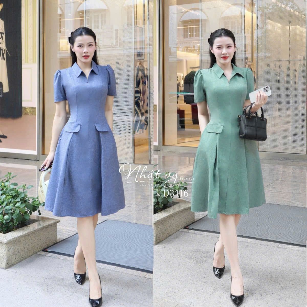  Đầm cổ sơ mi form dáng xoè đắp túi giả - D3116 