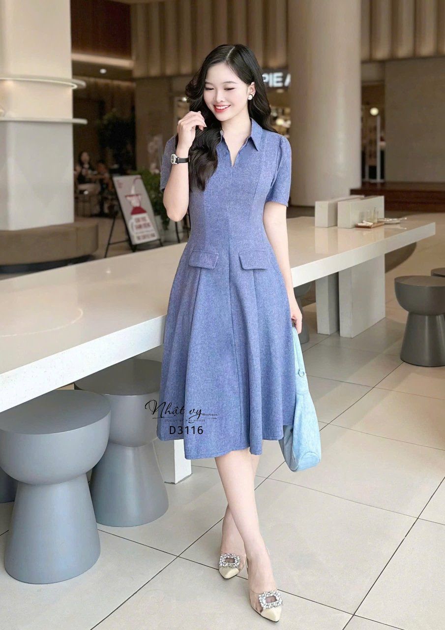  Đầm cổ sơ mi form dáng xoè đắp túi giả - D3116 