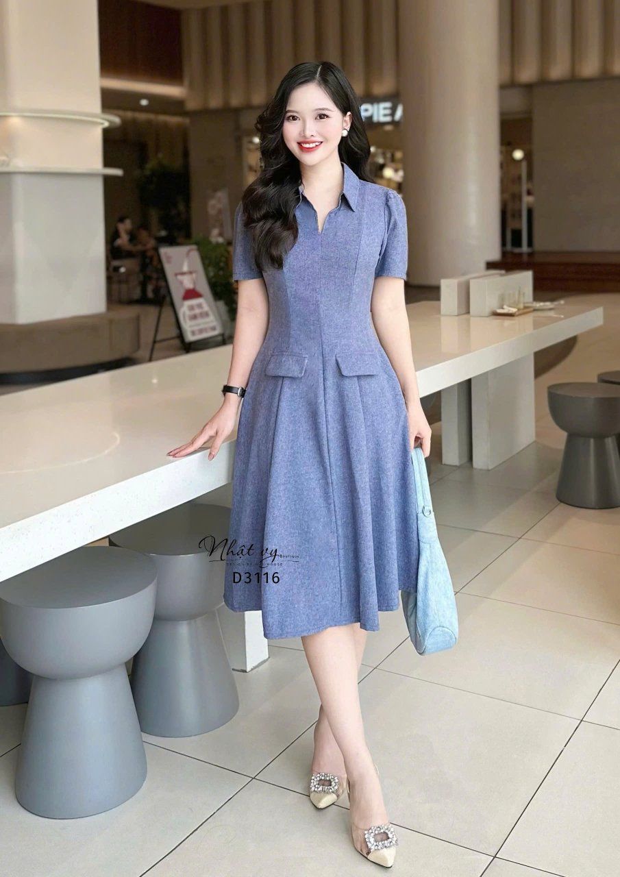 Đầm cổ sơ mi form dáng xoè đắp túi giả - D3116 
