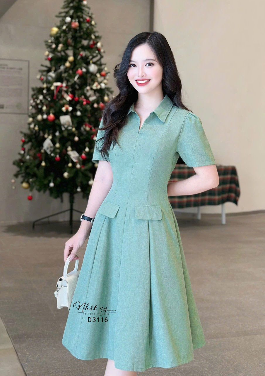  Đầm cổ sơ mi form dáng xoè đắp túi giả - D3116 