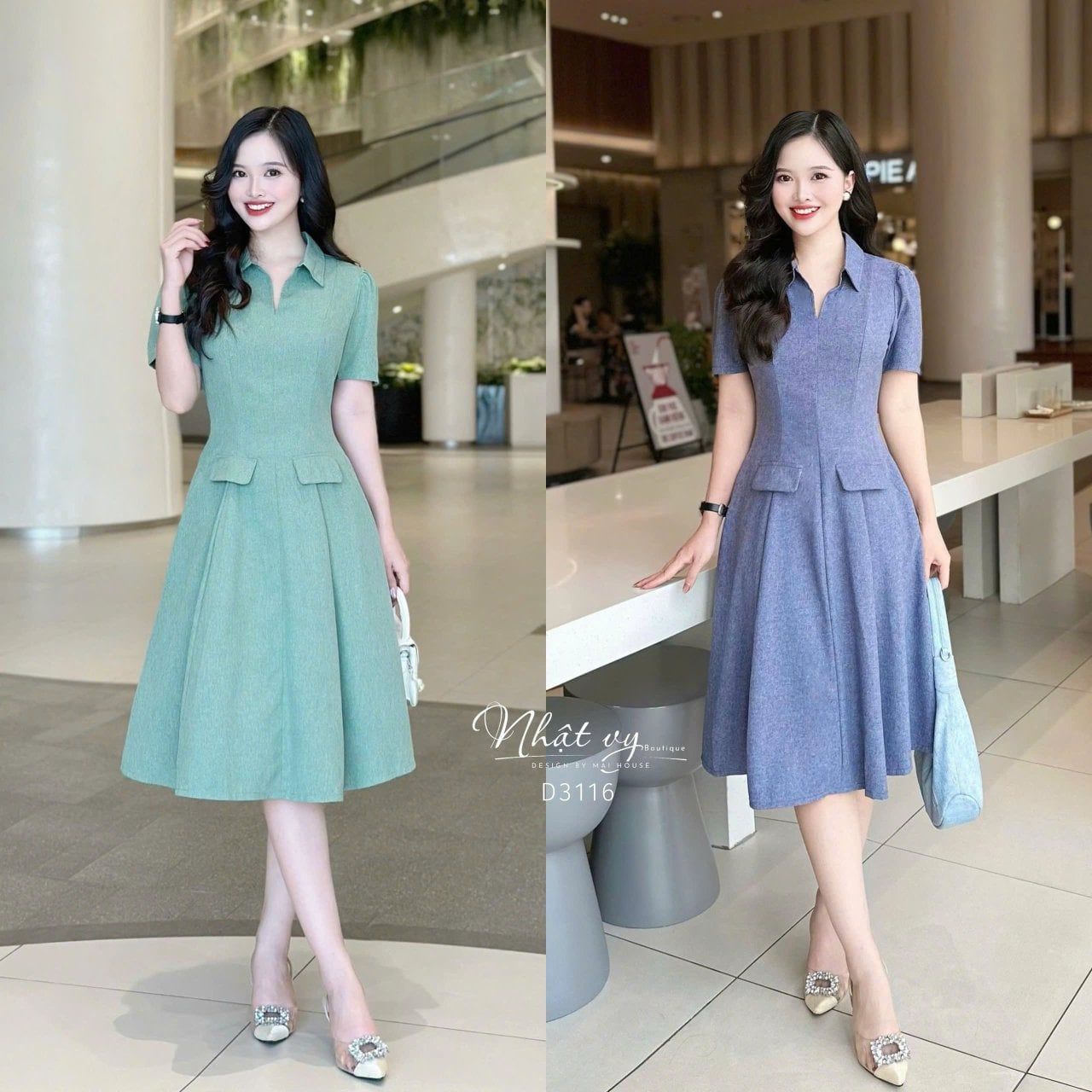  Đầm cổ sơ mi form dáng xoè đắp túi giả - D3116 