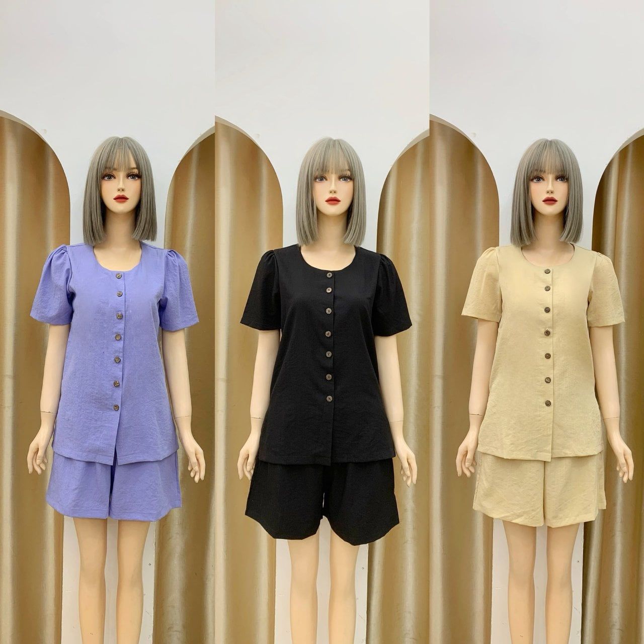  Set bộ ngắn áo cổ tròn xẻ tà 2 bên - D3122 