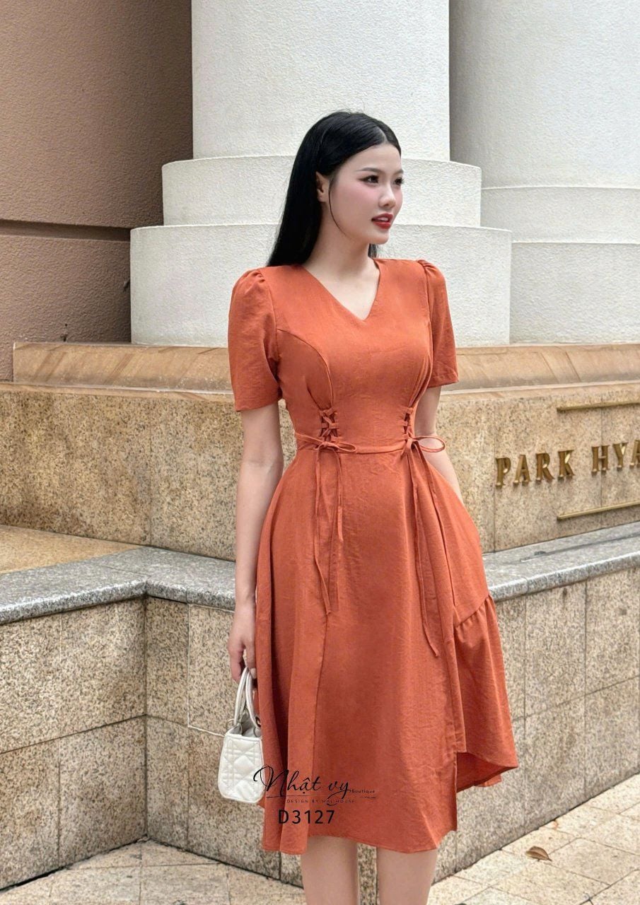  Đầm cổ tim thắt dây nơ form dáng xòe - D3127 