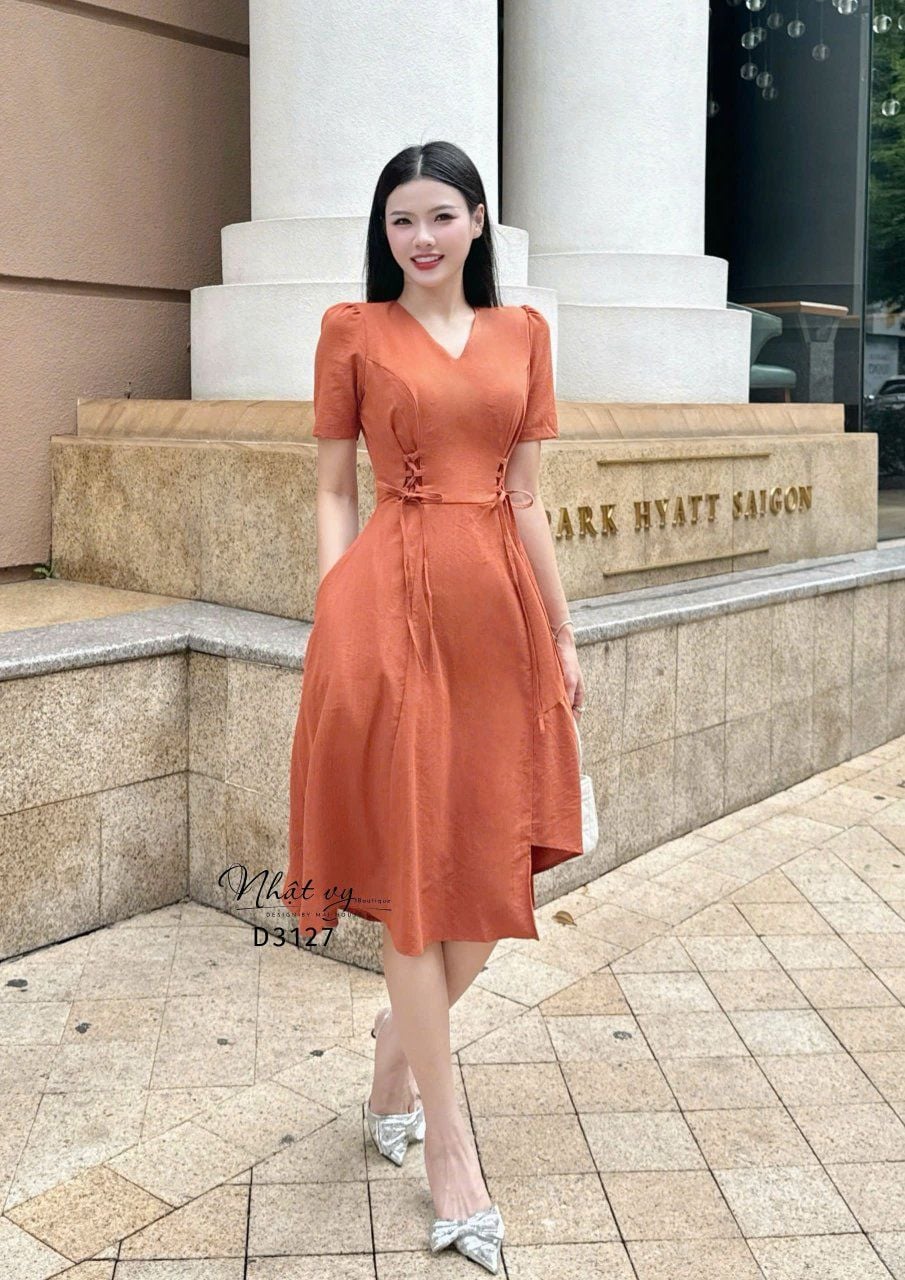  Đầm cổ tim thắt dây nơ form dáng xòe - D3127 