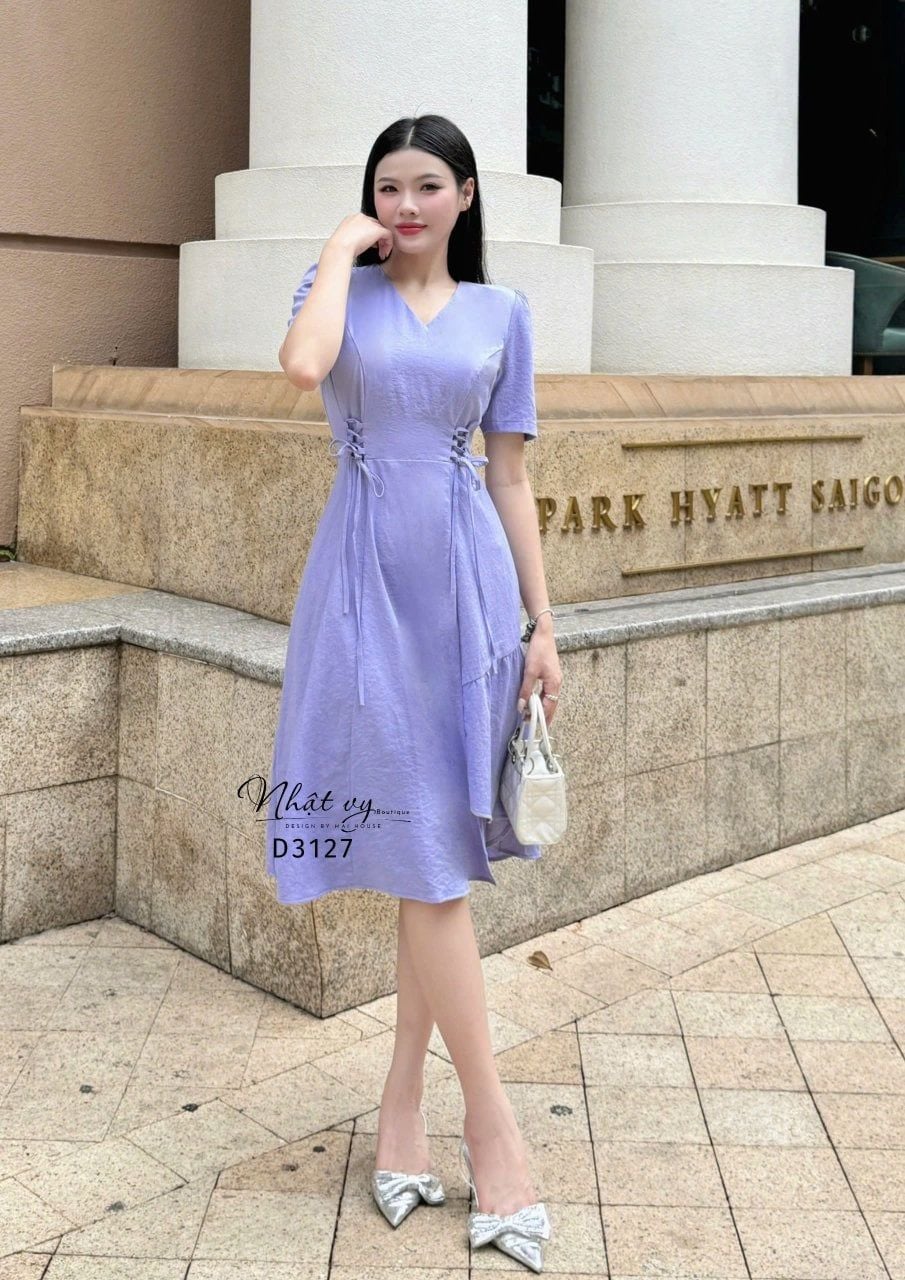  Đầm cổ tim thắt dây nơ form dáng xòe - D3127 