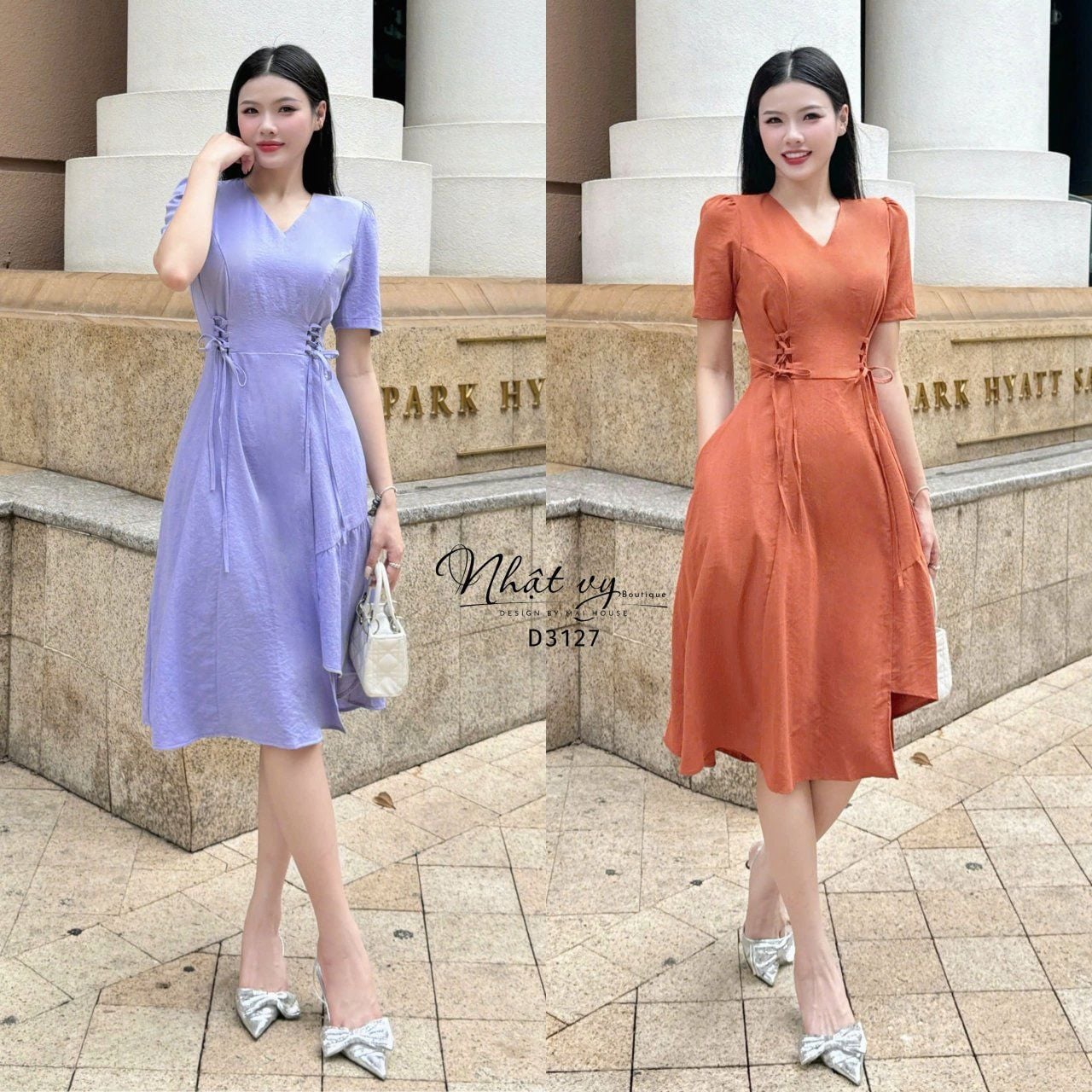  Đầm cổ tim thắt dây nơ form dáng xòe - D3127 