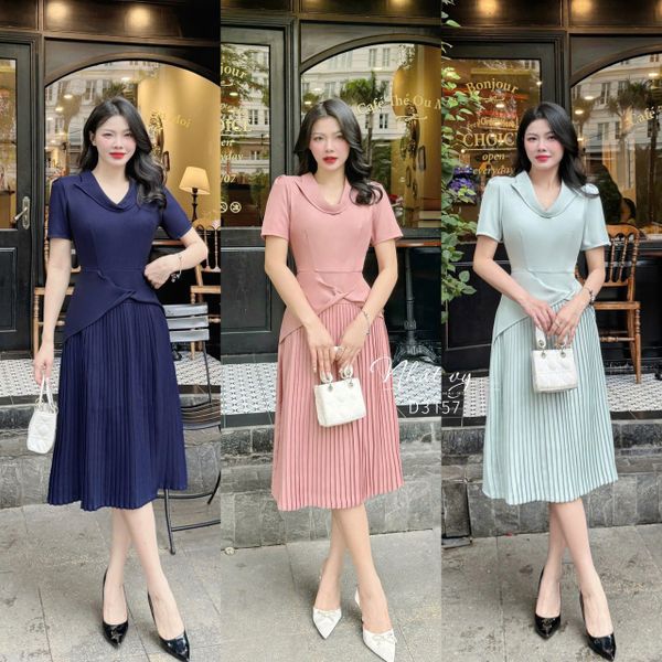  Đầm cổ bèo cách điệu xoắn eo đính nút giả - D3157 