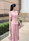  Đầm peplum cổ V đính nút giả - D3158 