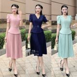  Đầm peplum cổ V đính nút giả - D3158 