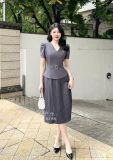  Đầm peplum cổ V đính nút giả - D3158 