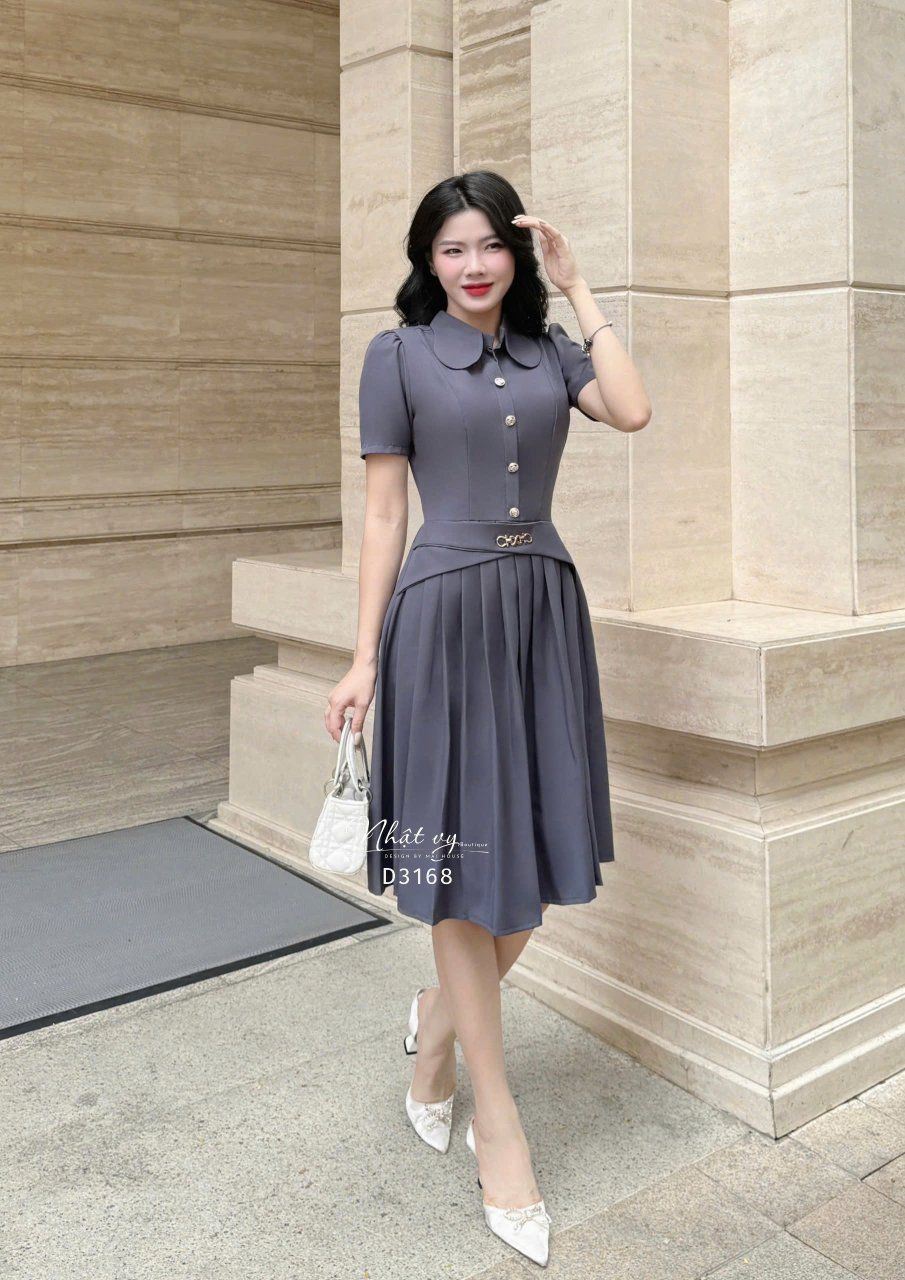  Đầm xếp ly cổ sơ mi đính cúc giả - D3168 