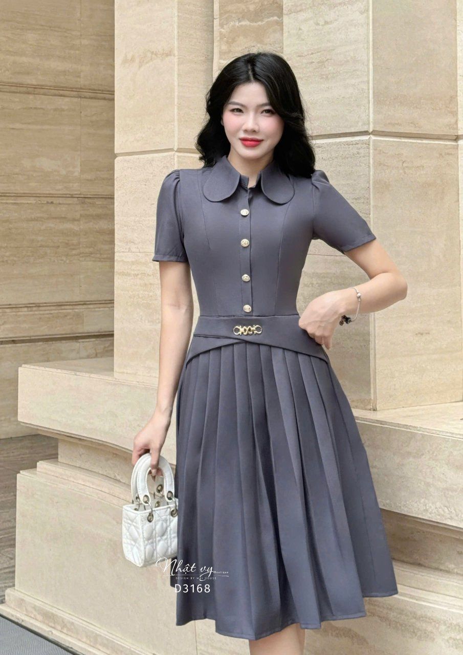  Đầm xếp ly cổ sơ mi đính cúc giả - D3168 