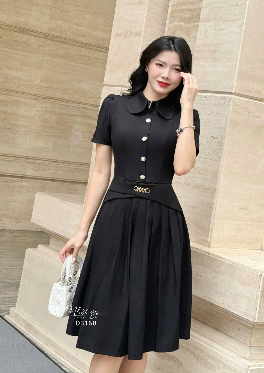  Đầm xếp ly cổ sơ mi đính cúc giả - D3168 