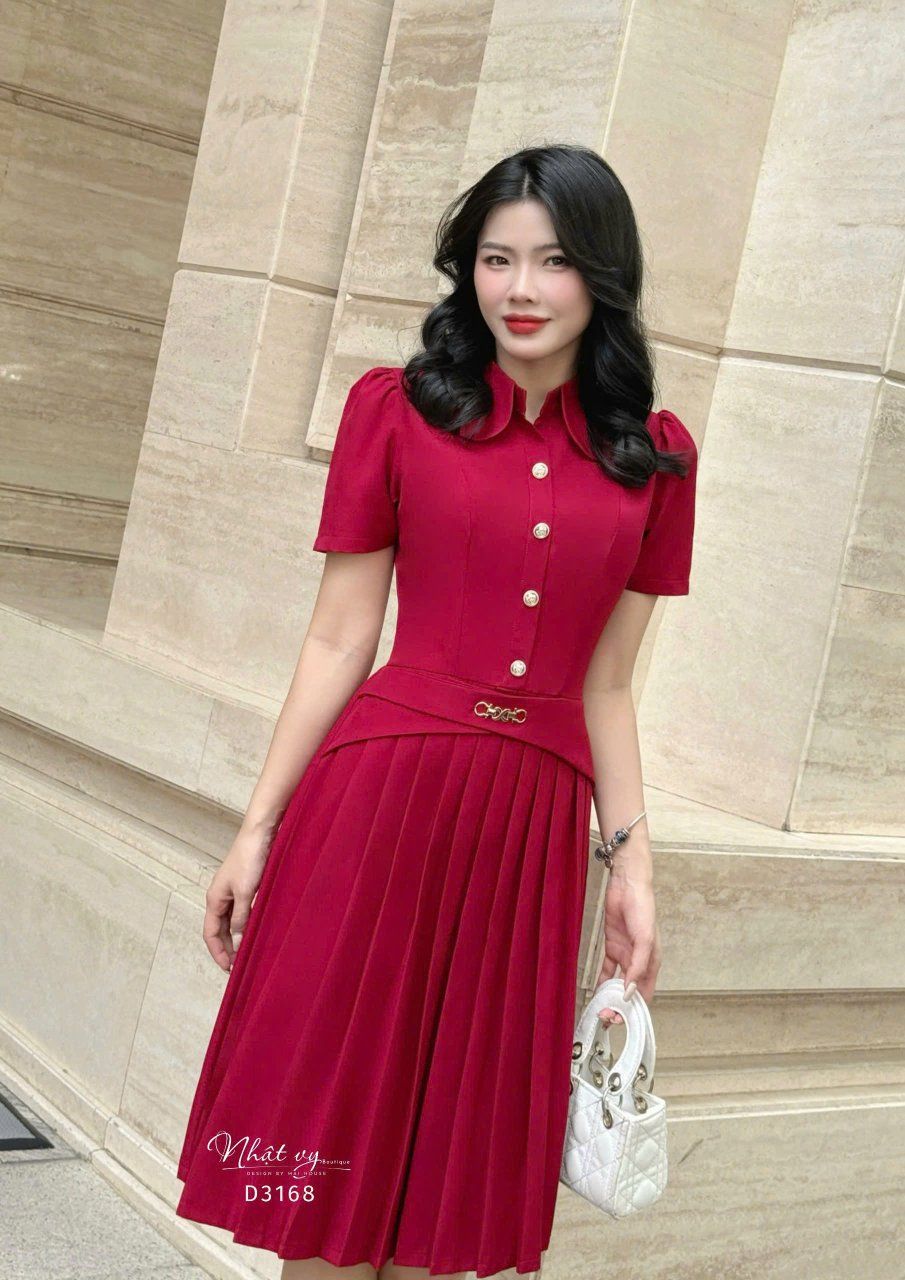  Đầm xếp ly cổ sơ mi đính cúc giả - D3168 