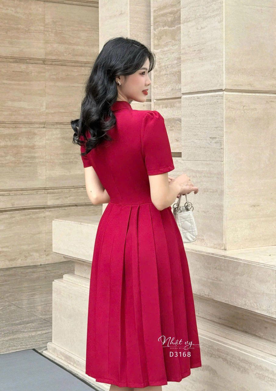  Đầm xếp ly cổ sơ mi đính cúc giả - D3168 