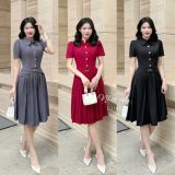  Đầm xếp ly cổ sơ mi đính cúc giả - D3168 