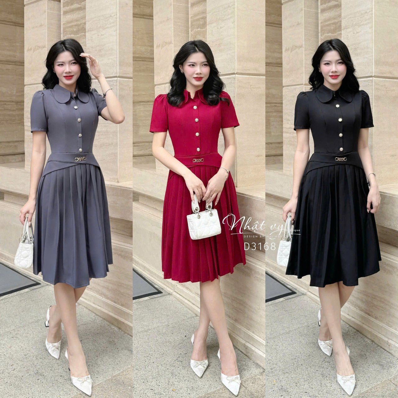 Đầm xếp ly cổ sơ mi đính cúc giả - D3168 
