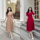  Đầm cổ V xếp ly tay nhún kiểu form dáng xòe - D3169 