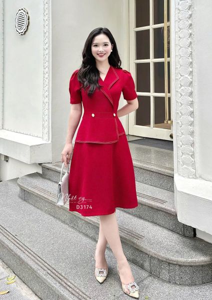  Đầm peplum viền chỉ đính nút kiểu form dáng xoè - D3174 