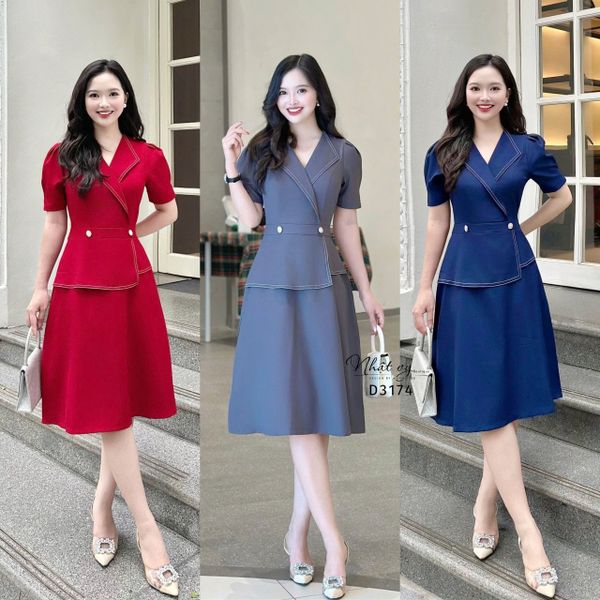  Đầm peplum viền chỉ đính nút kiểu form dáng xoè - D3174 