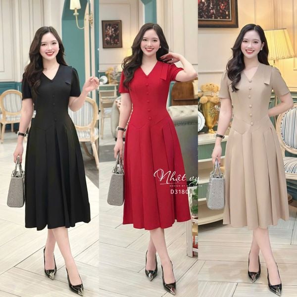  Đầm cổ tim xếp eo cách điệu form dáng xoè - D3180 