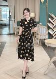  Đầm cổ V họa tiết thắt nơ eo form dáng xoè - D3182 