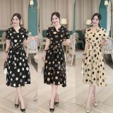  Đầm cổ V họa tiết thắt nơ eo form dáng xoè - D3182 