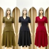  Đầm peplum dáng xoè cổ V đính nút bọc - D3187 