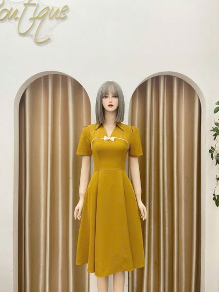  Đầm cổ V bèo phối nơ ngực cách điệu form dáng xoè - D3189 