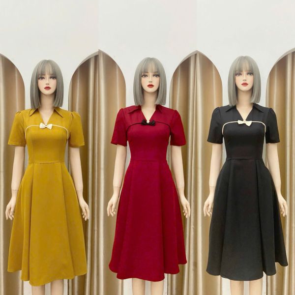  Đầm cổ V bèo phối nơ ngực cách điệu form dáng xoè - D3189 