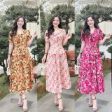  Đầm hoa peplum cổ bèo thắt nơ form dáng xoè - D3199 