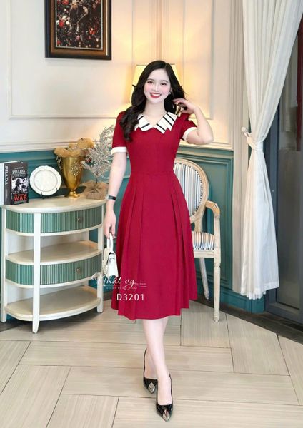  Đầm cổ bèo 2 lớp viền màu form dáng xoè - D3201 