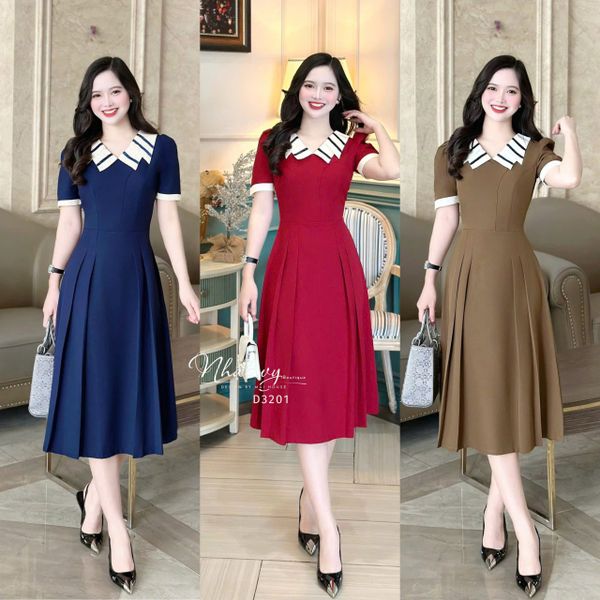  Đầm cổ bèo 2 lớp viền màu form dáng xoè - D3201 