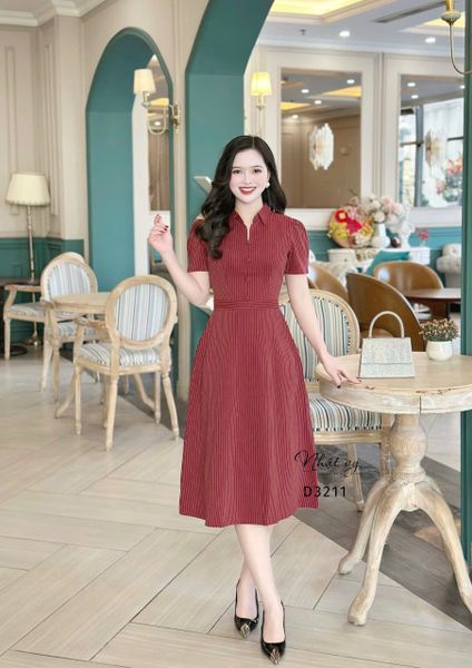  Đầm sọc cổ sơ mi đính nút bọc form dáng ôm - D3211 