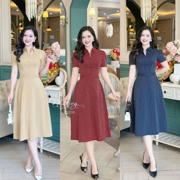  Đầm sọc cổ sơ mi đính nút bọc form dáng ôm - D3211 