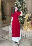  Áo dài nhung cổ tàu phối chân váy dập ly - D3218 