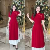  Áo dài nhung cổ tàu phối chân váy dập ly - D3218 