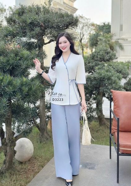  Set đồ lam cổ V cột dây eo - D3223 