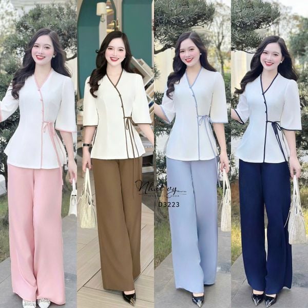  Set đồ lam cổ V cột dây eo - D3223 