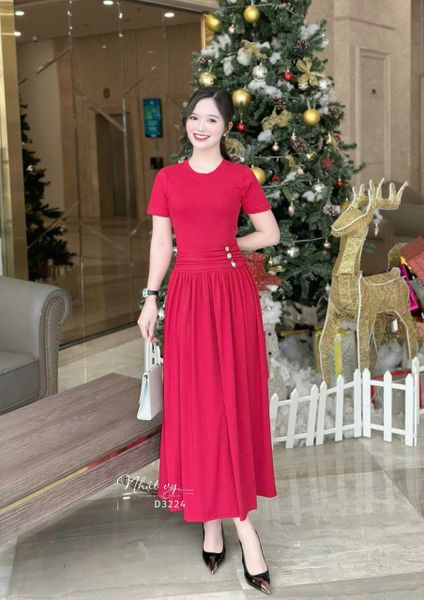  Đầm cổ tròn nhún eo cách điệu đính cúc kiểu - D3224 