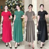  Đầm cổ tròn nhún eo cách điệu đính cúc kiểu - D3224 