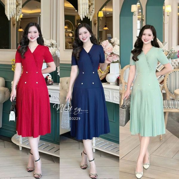  Đầm xếp ly cổ V phối bèo cách điệu - D3229 