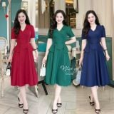  Đầm cổ V bèo cách điệu đính nút bọc form dáng xoè - D3230 