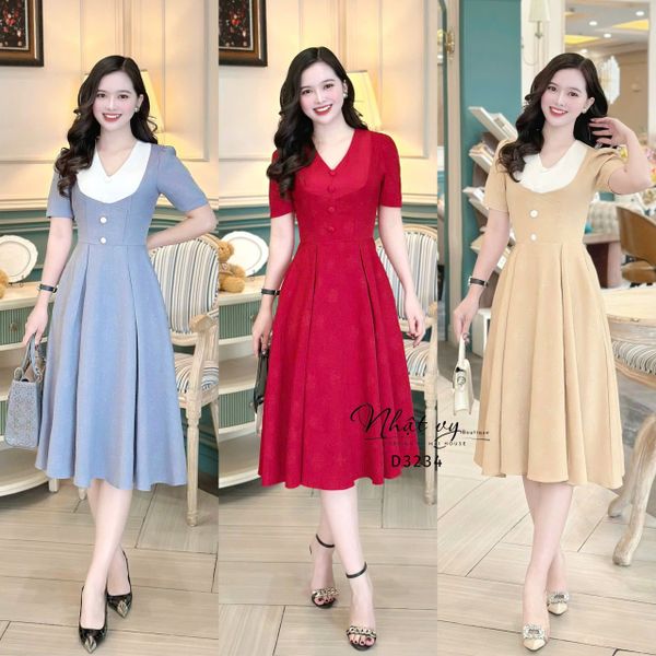  Đầm cổ V phối cổ đính nút bọc - D3234 