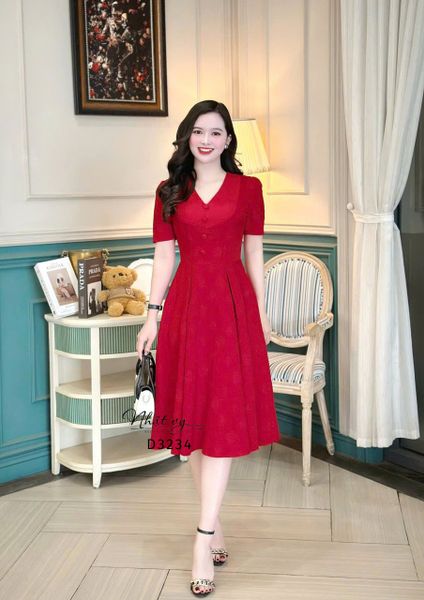  Đầm cổ V phối cổ đính nút bọc - D3234 